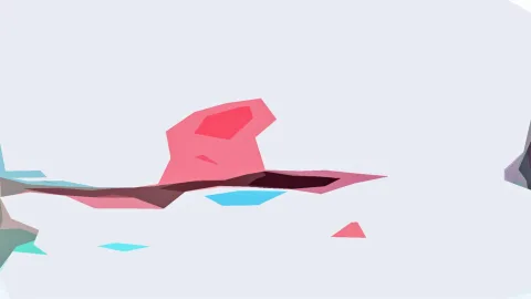 Abstrakte Low-Poly-Formen in Rosa, Dunkelrot und Cyan auf hellgrauem Hintergrund, am Bildrand angeschnitten.