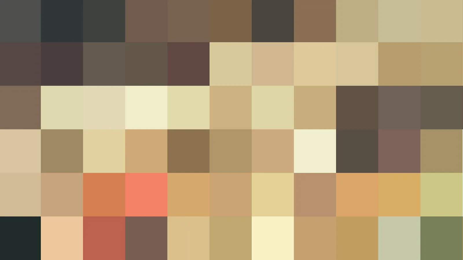 Mosaik aus quadratischen Farbblöcken in Beige, Braun, Ocker und Grau, verteilt über sechs Reihen, mit einzelnen rötlichen und grünlichen Akzenten.