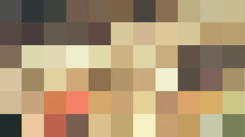 Mosaik aus quadratischen Farbblöcken in Beige, Braun, Ocker und Grau, verteilt über sechs Reihen, mit einzelnen rötlichen und grünlichen Akzenten.