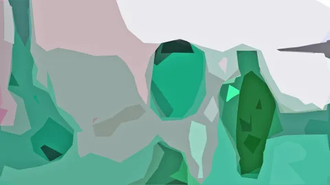 Abstrakte Komposition aus grünen, rosafarbenen und weißen polygonalen Flächen.