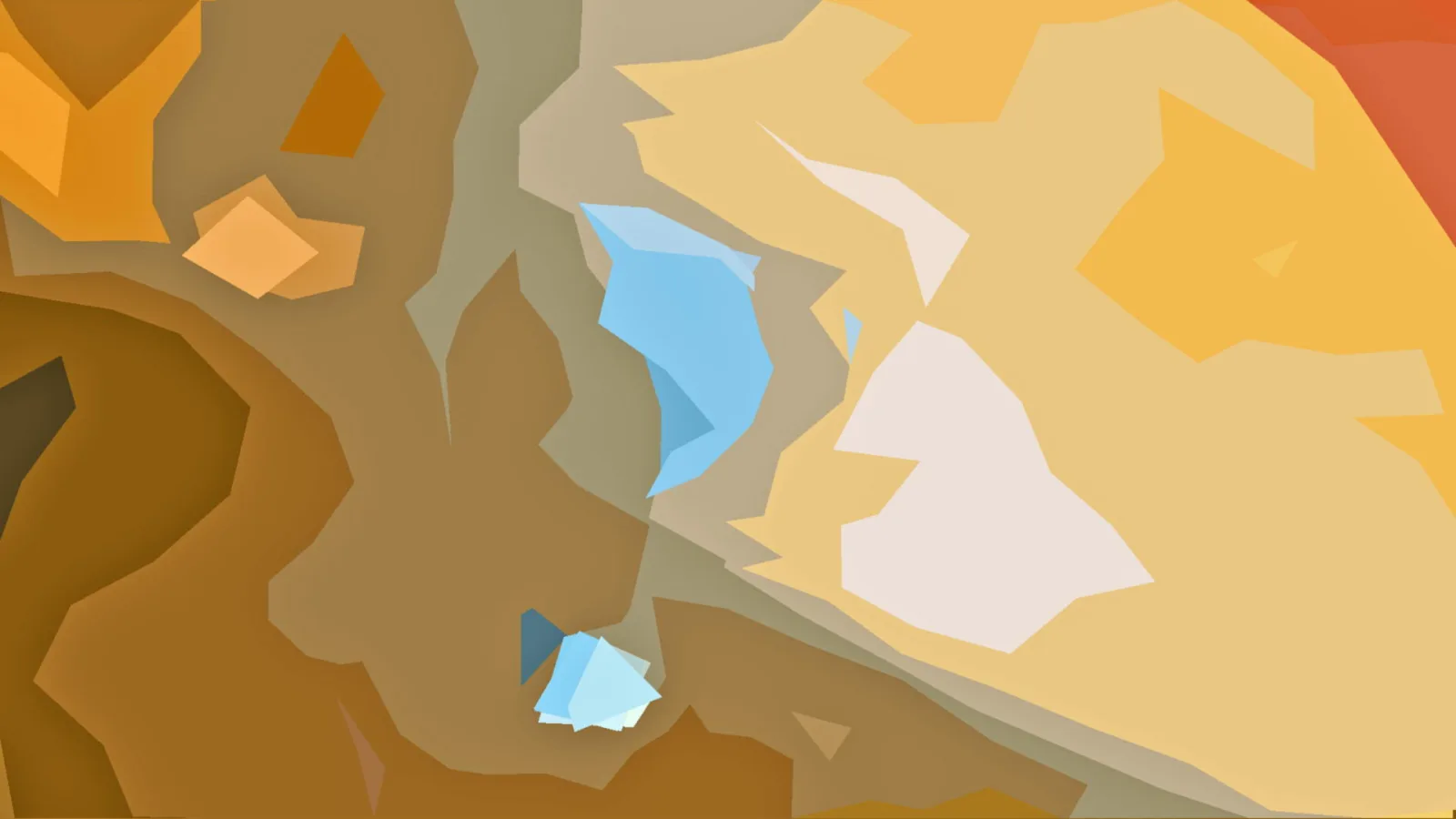Abstraktes Bild aus flachen, kantigen Farbflächen in Ocker, Beige und Sandtönen, durchsetzt von kleinen hellblauen Akzenten und einem Cremeweiß.