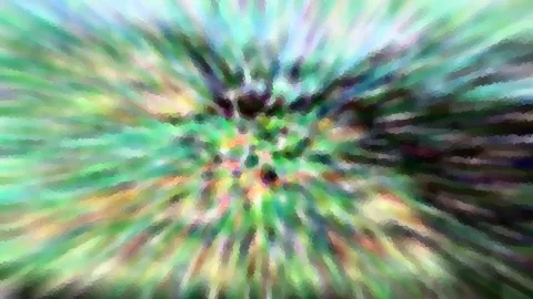Abstraktes Bild mit radial von einem Zentrum nach außen verlaufenden Streifen in Grün, Türkis, Gelb und Violett, im Zentrum dunkle Punkte.