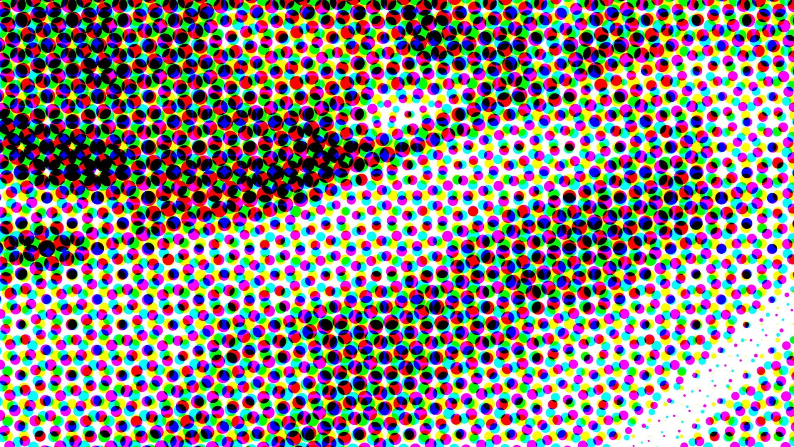 Dichtes Raster aus bunten Punkten in Rot, Grün, Blau, Gelb, Magenta und Cyan sowie Schwarz. Links oben sind die Punkte dunkel und dicht gedrängt, nach rechts unten werden sie heller und kleiner, bis sie in Weiß übergehen.