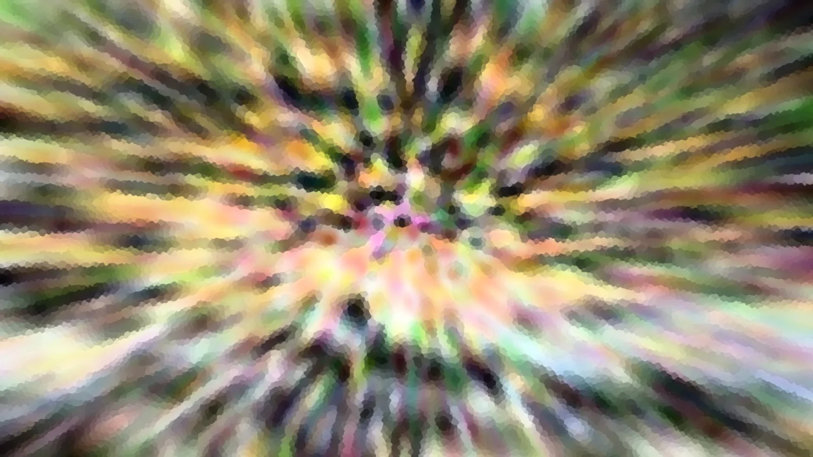 Abstrakte Komposition aus bunten gelben, grünen, rosa und dunklen Streifen, die von einem Zentrum in der Bildmitte radial nach außen laufen und mosaikartig zerpixelt wirken.