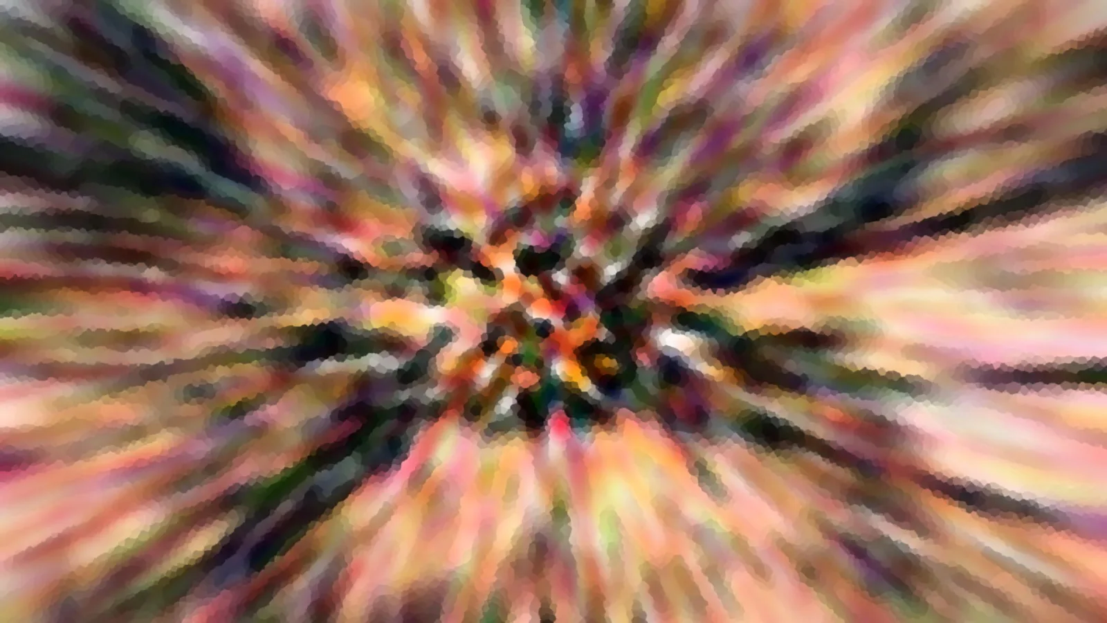 Abstraktes Bild mit radialer Bewegungsunschärfe in Pink, Orange und Grün, von der Mitte nach außen strahlend, mosaikartig gepixelt.