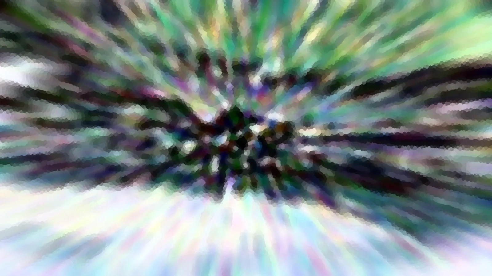 Abstrakte Komposition aus grünen, violetten und weißen Farbstreifen, die von einem dunklen Zentrum radial nach außen strahlen, mosaikartig verpixelt.