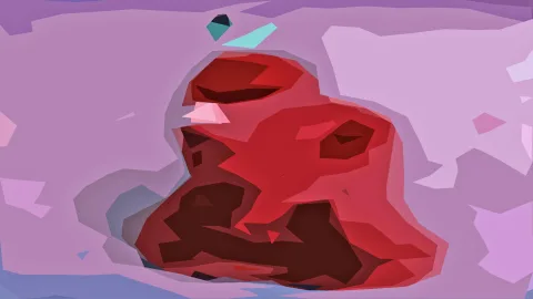 Abstrakte rote Form mit dunklen Schatten vor rosafarbenem, facettiertem Hintergrund, oben ein kleines türkisfarbenes Element