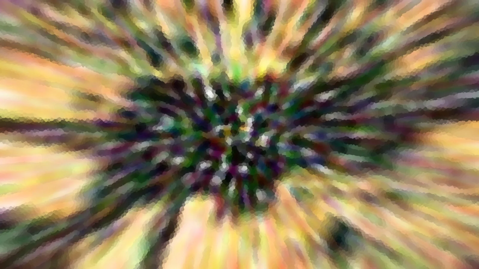 Abstrakte Komposition mit radial von einem dunklen Zentrum nach außen laufenden Streifen in Grün, Gelb, Violett und Orange, mosaikartig verpixelt.