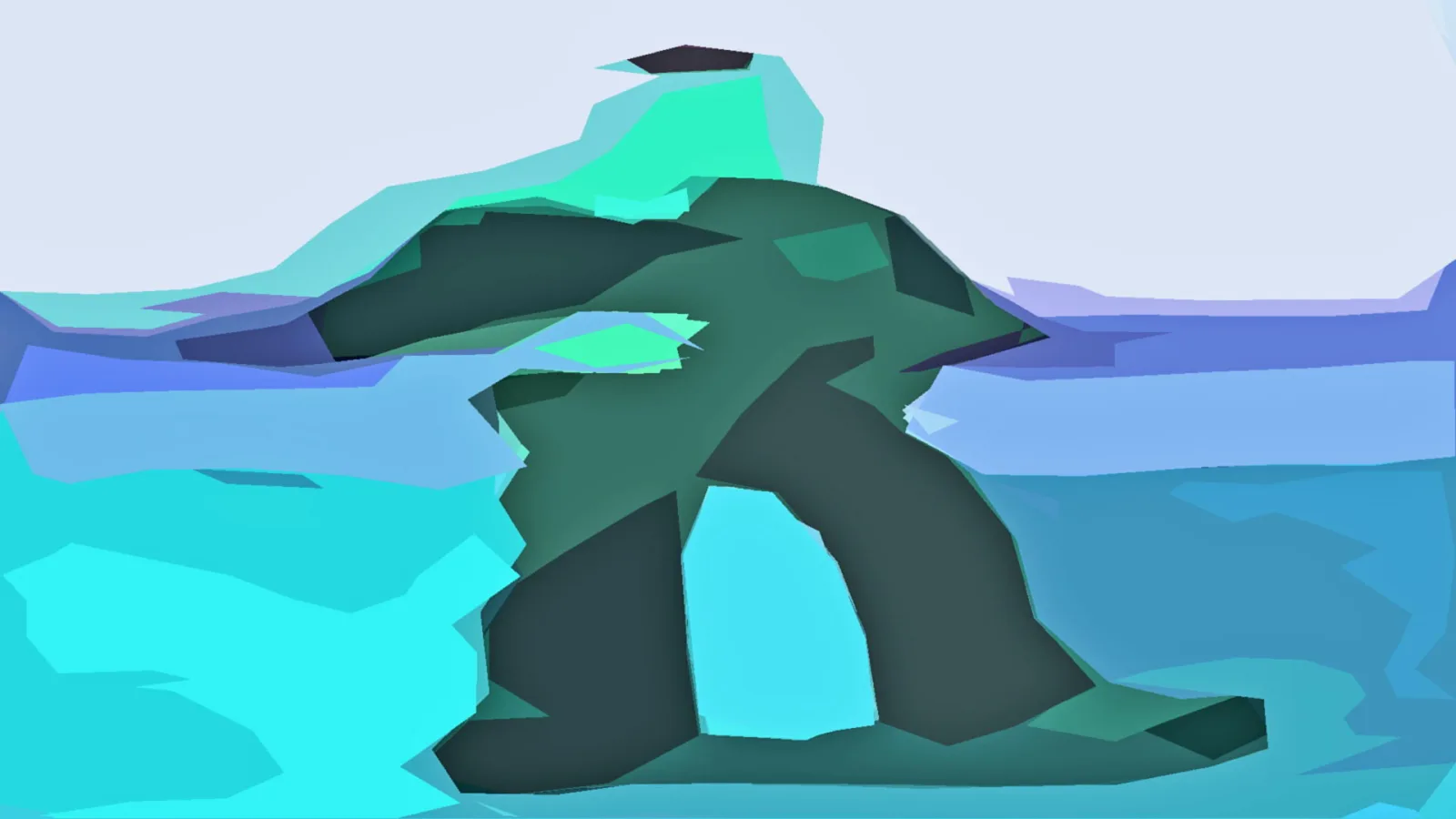 Abstrakte, kantige Komposition in Türkis, Grün und Blau mit einer dunklen, figurähnlichen Form in der Mitte und hellem Himmel oben.