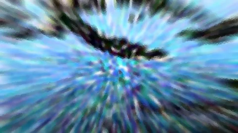 Abstrakte Komposition aus blauen, türkisen und dunklen Streifen, die radial von der Bildmitte nach außen laufen.