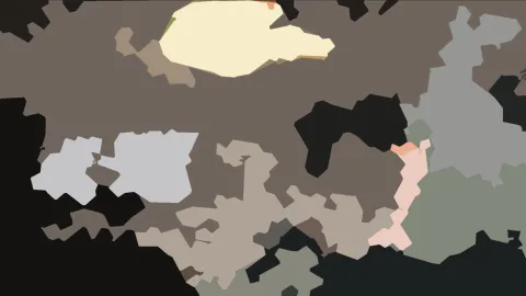 Abstrakte Komposition aus unregelmäßigen Flächen in Braun-, Grau-, Beige- und Schwarztönen, oben ein helles Cremegelb, rechts ein blasses Rosa.