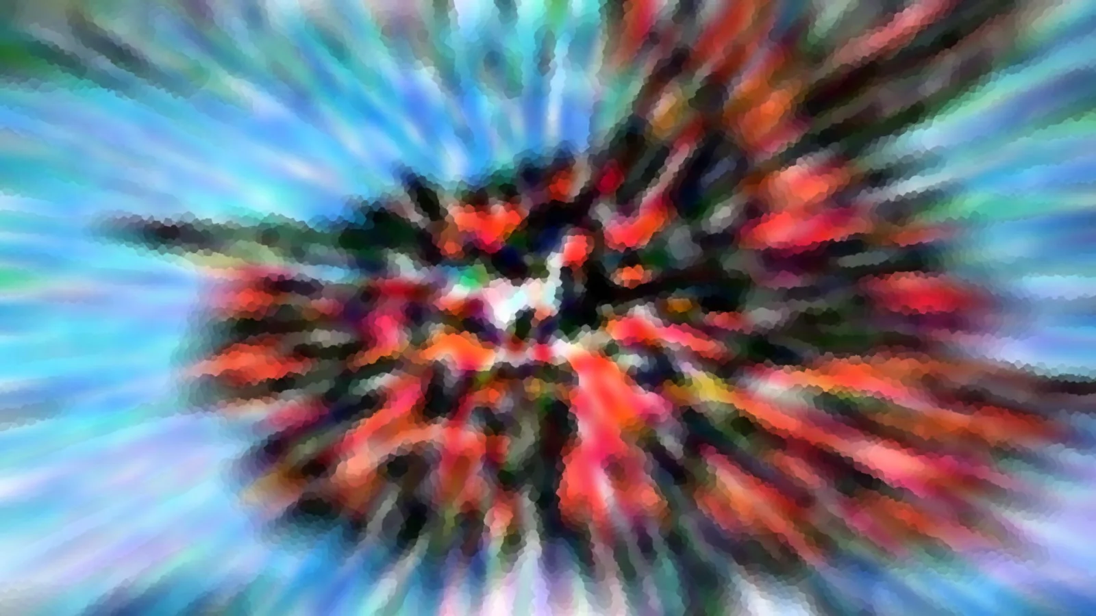 Abstrakte Komposition aus bunten Farbstreifen, die von einem dunklen Zentrum in Rot, Orange und Schwarz radial nach außen in Blau und Türkis laufen.
