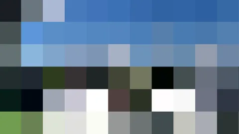 Pixeliges Mosaik aus Blau-, Grau-, Grün- und Weißtönen in zehn Spalten und sechs Reihen, oben blau, unten heller und dunkler gemischt.