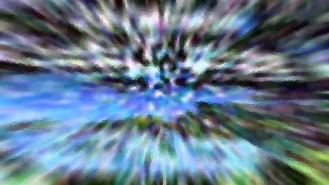 Abstrakte Komposition mit radial von einem Zentrum ausstrahlenden, mosaikartig gepixelten Streifen in Blau, Grün, Violett und Weiß.
