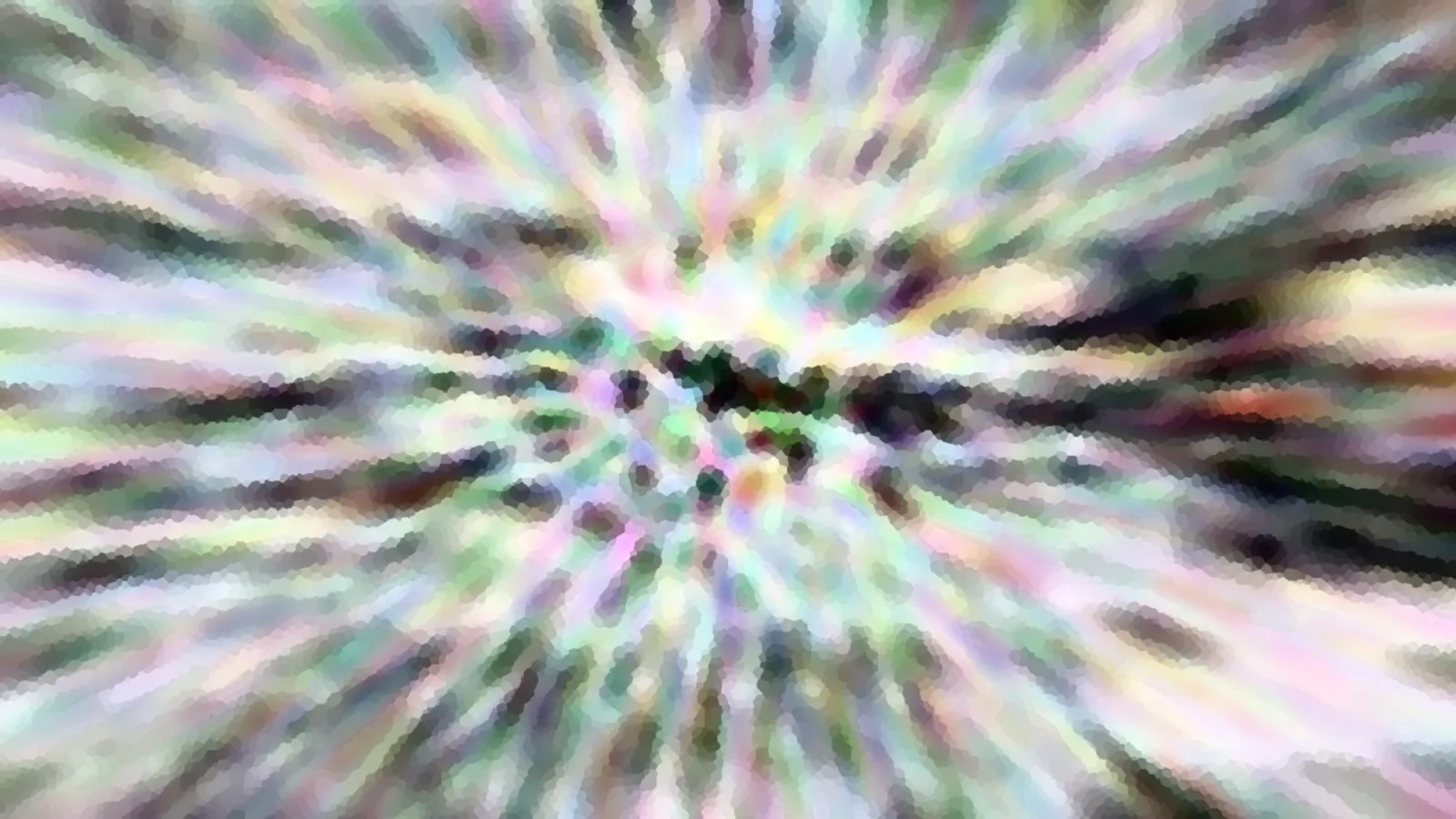 Abstrakte Komposition aus pastellfarbenen Streifen, die von einem dunklen Zentrum radial nach außen laufen, mit körnig-mosaikartiger Struktur.