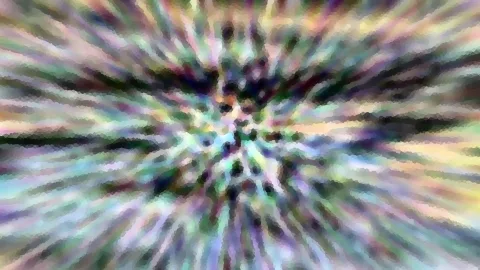 Abstraktes Bild mit radial von der Mitte ausgehenden Farbstreifen in Regenbogentönen, mosaikartig gepixelt, im Zentrum dunkle Punkte.