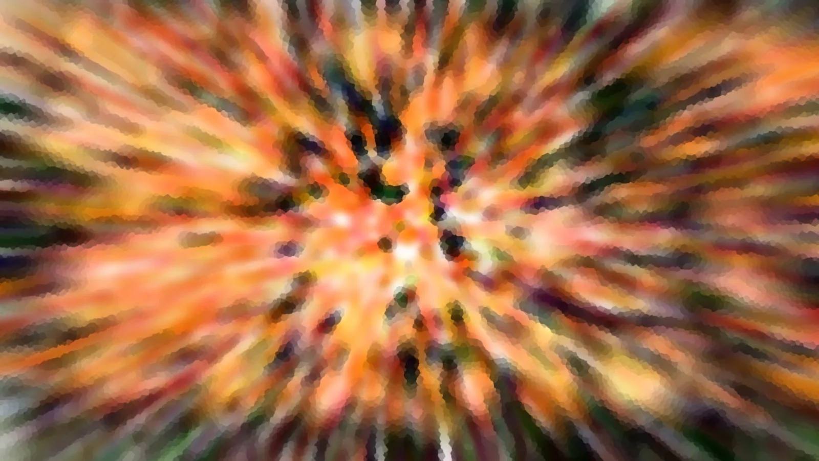 Abstrakte, radial verwischte Farbstruktur in Orange, Gelb, Grün und Dunkelbraun, die von einem hellen Zentrum nach außen strahlt.