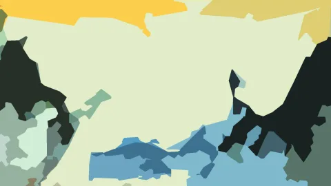 Abstrakte Komposition aus flachen, unregelmäßigen Formen in Gelb, Hellgrün, Blau und Schwarz auf hellgrünem Grund.