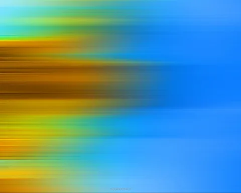 Abstrakte Komposition aus horizontal verwischten Streifen in Gelb, Orange, Grün und Blau, nach rechts hin in Blau übergehend.