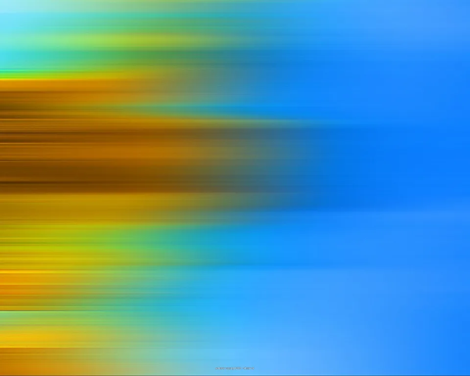 Abstrakte Komposition aus horizontal verwischten Streifen in Gelb, Orange, Grün und Blau, nach rechts hin in Blau übergehend.
