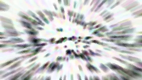 Abstraktes Bild mit verwischten, radial nach außen laufenden Streifen in Pastellfarben um ein helles Zentrum mit dunklen Punkten.