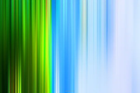 Abstrakte vertikale Streifen, links dunkelgrün bis gelbgrün, in der Mitte leuchtend blau, rechts verblassend zu hellem Blau und Weiß.