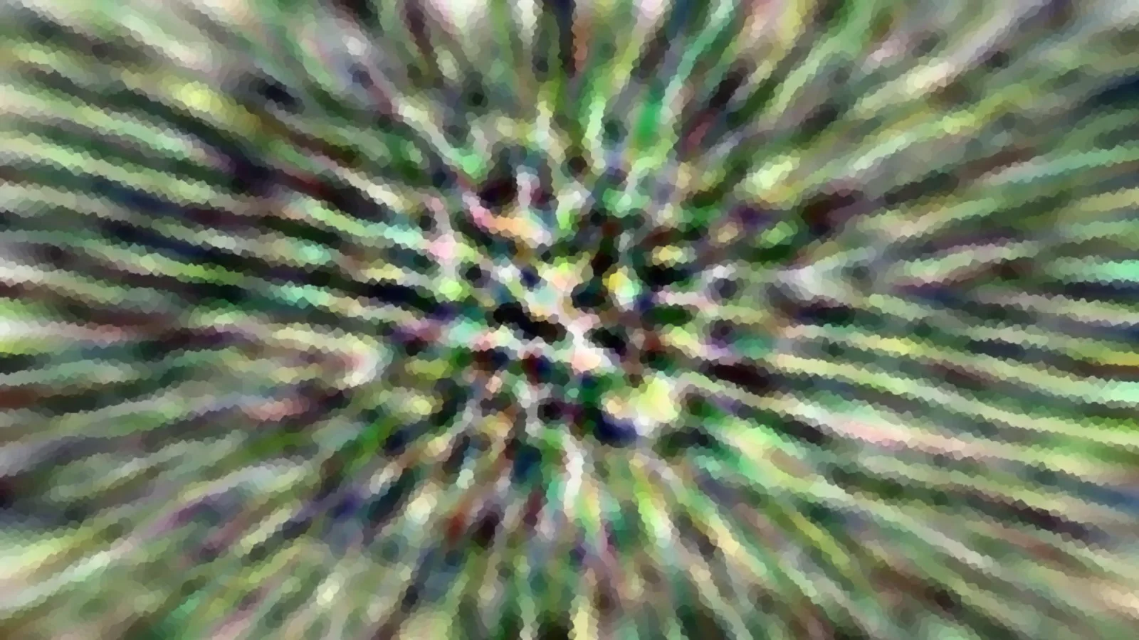 Abstrakte Komposition aus grünen, schwarzen und weißen Streifen, die radial von einem unscharfen Zentrum nach außen laufen und in pixelartige Felder zerfallen.