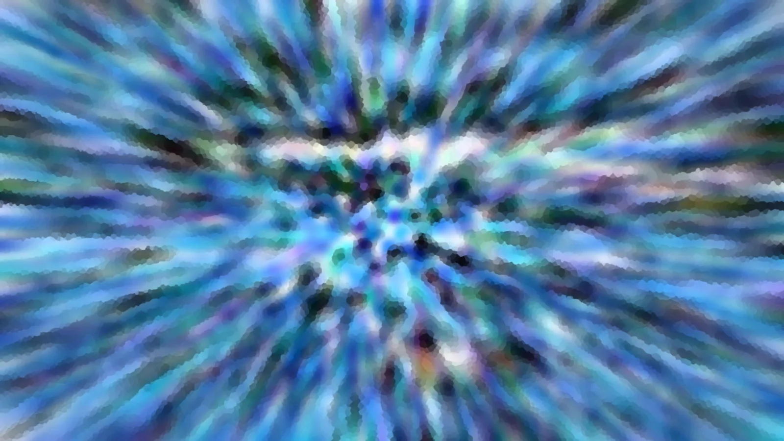 Abstrakte Komposition aus blauen, türkisen und violetten Streifen, die von der Mitte radial nach außen strahlen, mit grobkörniger Mosaik-Struktur.