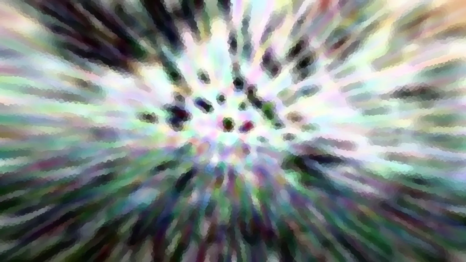 Abstrakte, radial verwischte Komposition in Pastellfarben mit dunklen Punkten um einen hellen Mittelpunkt.