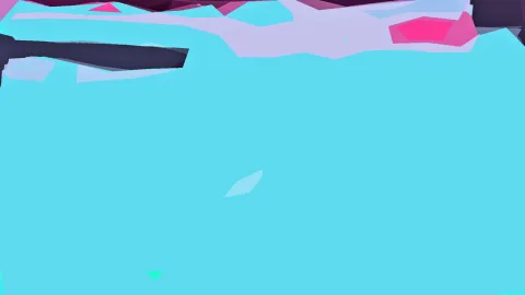 Abstrakte Komposition aus türkisfarbenen, fliederfarbenen und pinkfarbenen Polygonen, oben dunkle Violettflächen.