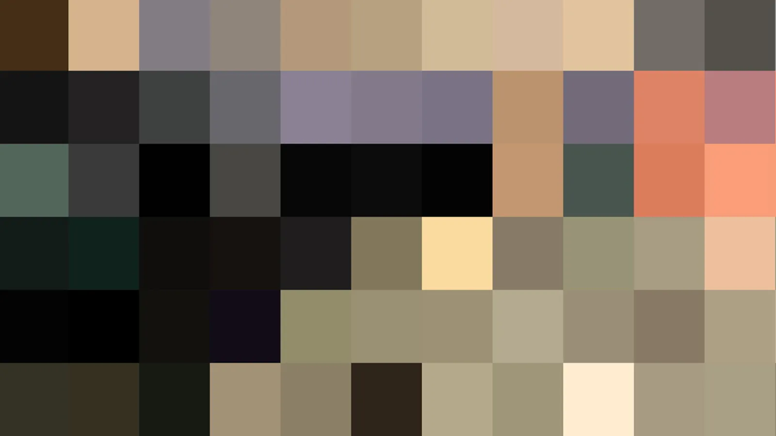 Abstraktes Gemälde aus einem Raster kleiner Farbflächen in Braun, Beige, Grau, Schwarz und Olivgrün, dazwischen vereinzelt Orange und Gelb.