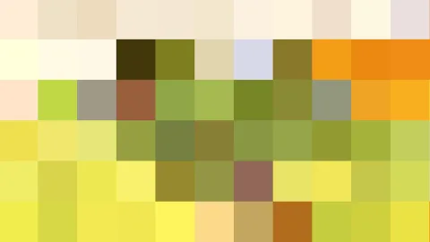 Quadratisches Pixelmosaik aus Gelb-, Creme-, Oliv- und Orangetönen in einem Raster aus Farbfeldern.