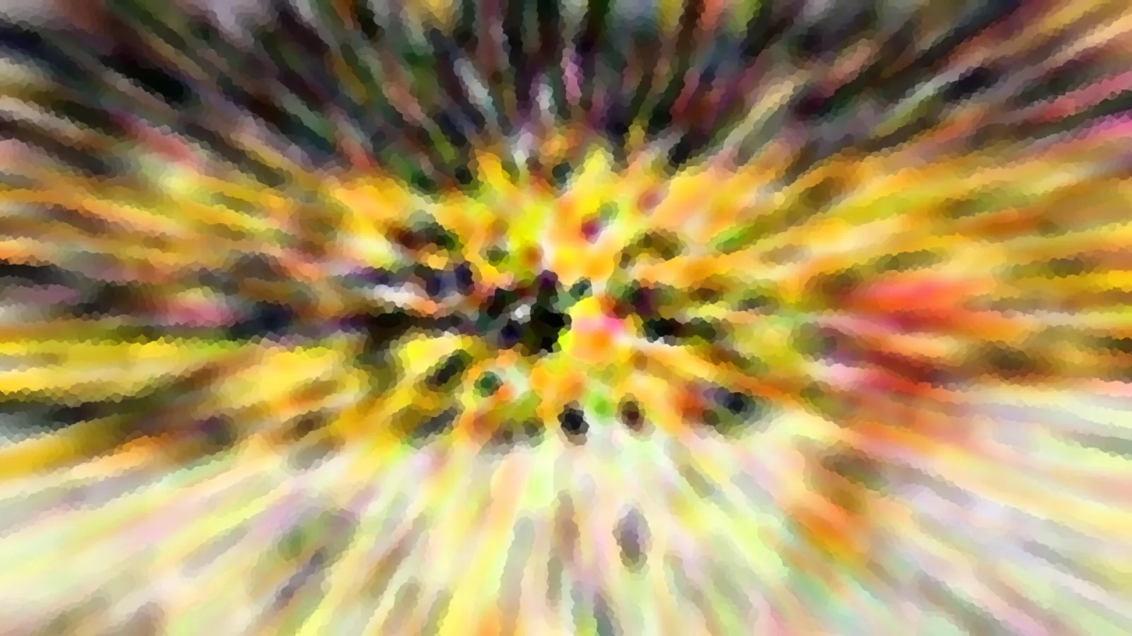 Abstraktes Bild mit radial nach außen strahlenden Streifen in Gelb, Orange, Grün und Rosa, im Zentrum dunkle Flecken.