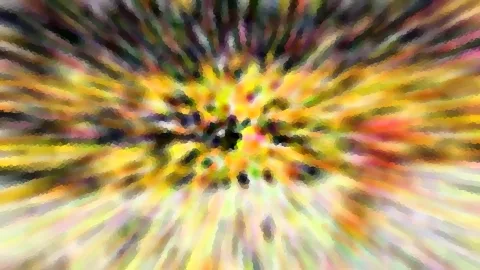 Abstraktes Bild mit radial nach außen strahlenden Streifen in Gelb, Orange, Grün und Rosa, im Zentrum dunkle Flecken.