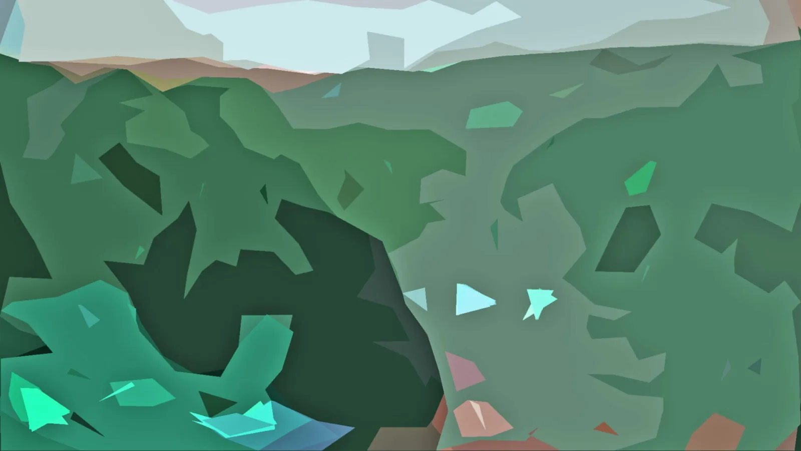 Abstrakte Komposition aus grünen, dunkelgrünen und graublauen polygonalen Flächen, oben helle Himmelsflächen, unten rechts rötliche Akzente und mintfarbene Lichtfragmente.