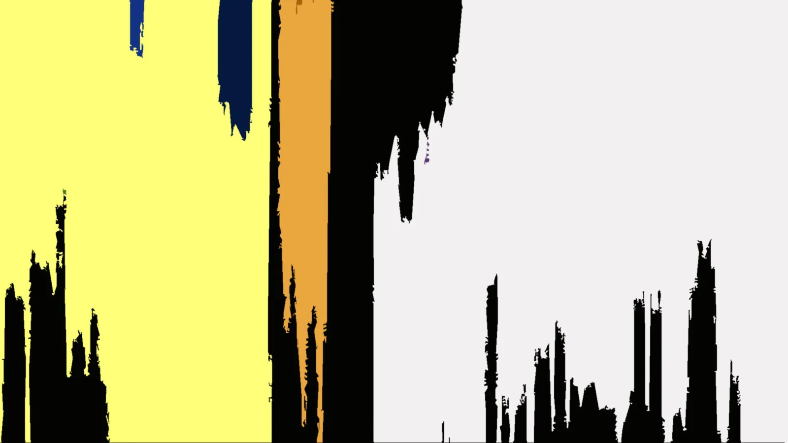 Abstraktes Bild mit senkrechten gelben, orangen, blauen und schwarzen Pinselstrichen auf hellem Grund, am unteren Rand schwarze zackige Formen.