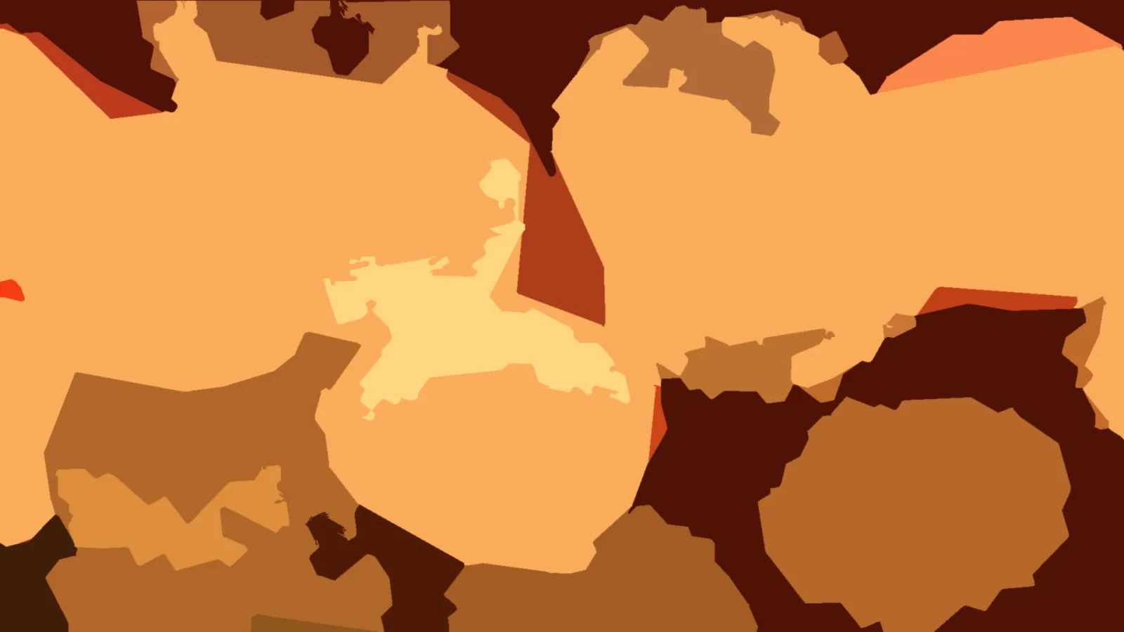 Abstrakte Komposition aus flachen, unregelmäßig geformten Flächen in Ocker, Orange und Braun, mit einer hellgelben Form in der Mitte.