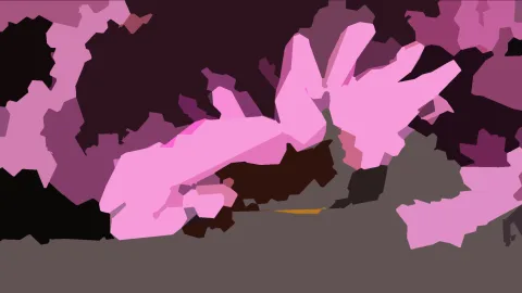 Abstrakte Komposition aus flachen, rosafarbenen und violetten Formen vor dunklem Hintergrund, unten eine breite graue Fläche.