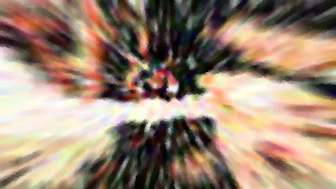 Abstraktes Bild mit radial von einem dunklen Zentrum nach außen laufenden, farbigen Streifen in Rot, Gelb, Grün und Weiß, leicht pixelig.