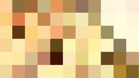 Abstraktes Mosaik aus quadratischen Pixelfeldern in Beige, Ocker, Gelb und Braun, dunklere Braunfelder verteilt über das Raster.