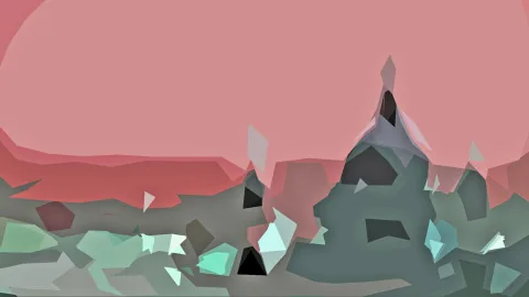 Abstrakte Landschaft mit rosa Himmel, grau-grünen Felsen und türkisen Kristallformen
