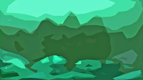 Abstrakte Komposition aus grünen Polygonflächen, oben helles Mintgrün, unten dunkle Felsformen und Bergkämme in der Mitte