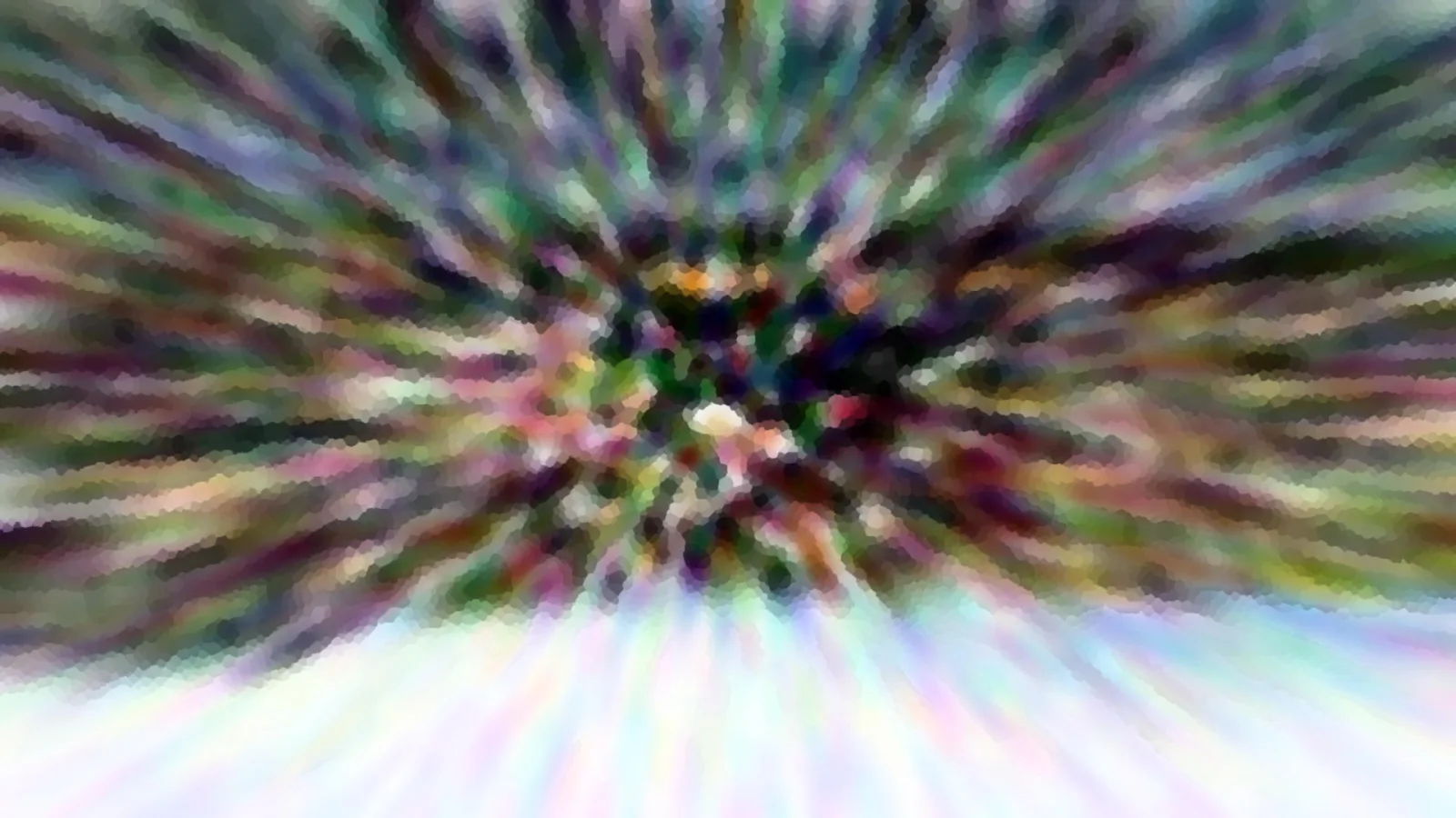 Abstrakte Komposition aus bunten Farbstreifen, die von einem dunklen Zentrum radial nach außen laufen, unten in helles Weiß übergehend. Das Bild wirkt durch Bewegungsunschärfe und ein grobes Pixelraster verwaschen.