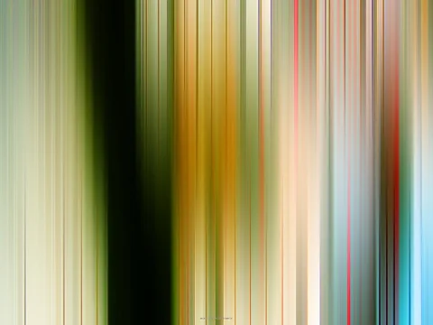 Abstraktes Bild aus senkrechten, verwischten Streifen in Grün, Gelb, Creme, Rot und Blau, mit einem dunklen grünen Band links der Mitte.