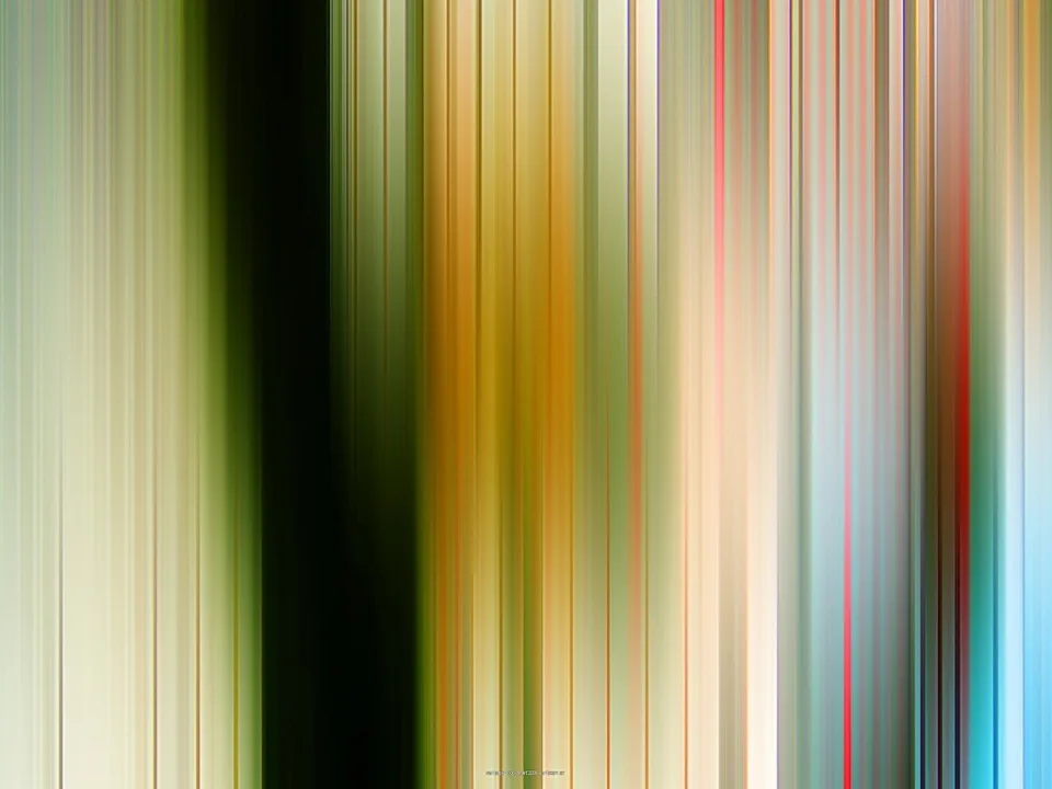 Abstraktes Bild aus senkrechten, verwischten Streifen in Grün, Gelb, Creme, Rot und Blau, mit einem dunklen grünen Band links der Mitte.