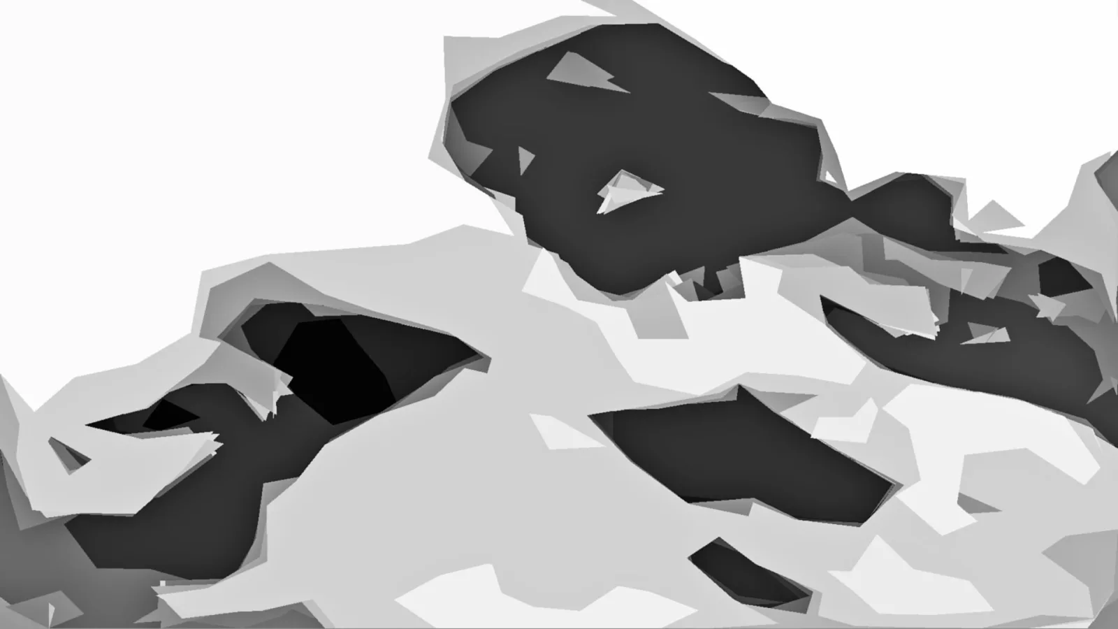 Abstrakte Komposition aus kantigen grauen und schwarzen Flächen auf weißem Grund, links oben eine große helle Fläche.