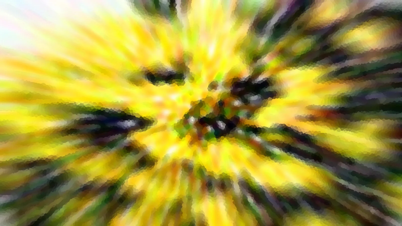 Abstraktes Bild mit gelben und dunkelgrünen Strahlen, die von einem dunklen Zentrum nach außen laufen, grob pixelig verfremdet.