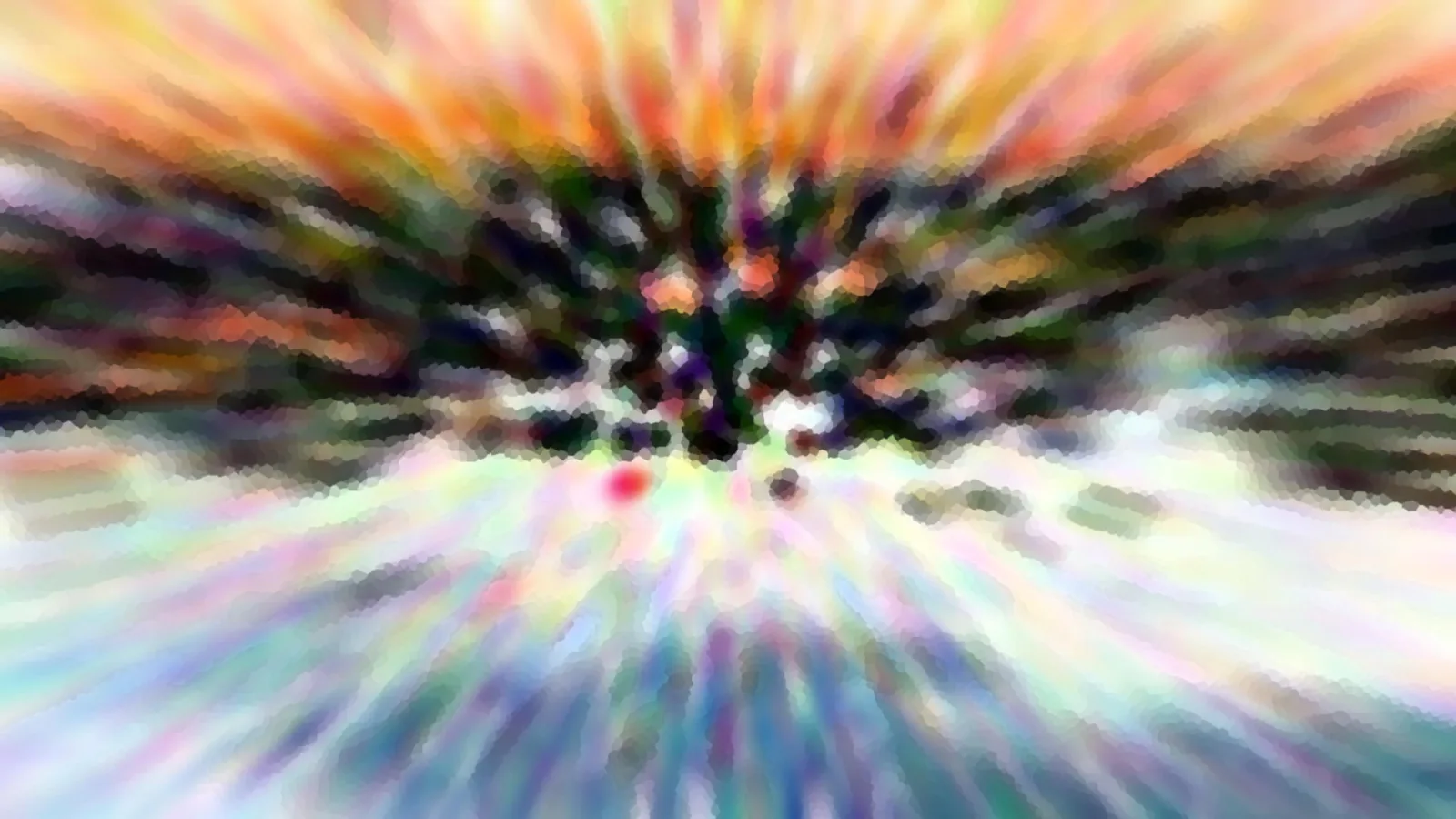 Abstrakte Komposition mit radial verlaufenden, verwischten Farbstrahlen in Orange, Grün und Pastelltönen, im Zentrum ein dunkler Knoten, pixelig gerastert.