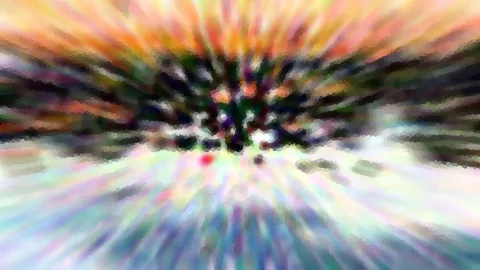 Abstrakte Komposition mit radial verlaufenden, verwischten Farbstrahlen in Orange, Grün und Pastelltönen, im Zentrum ein dunkler Knoten, pixelig gerastert.