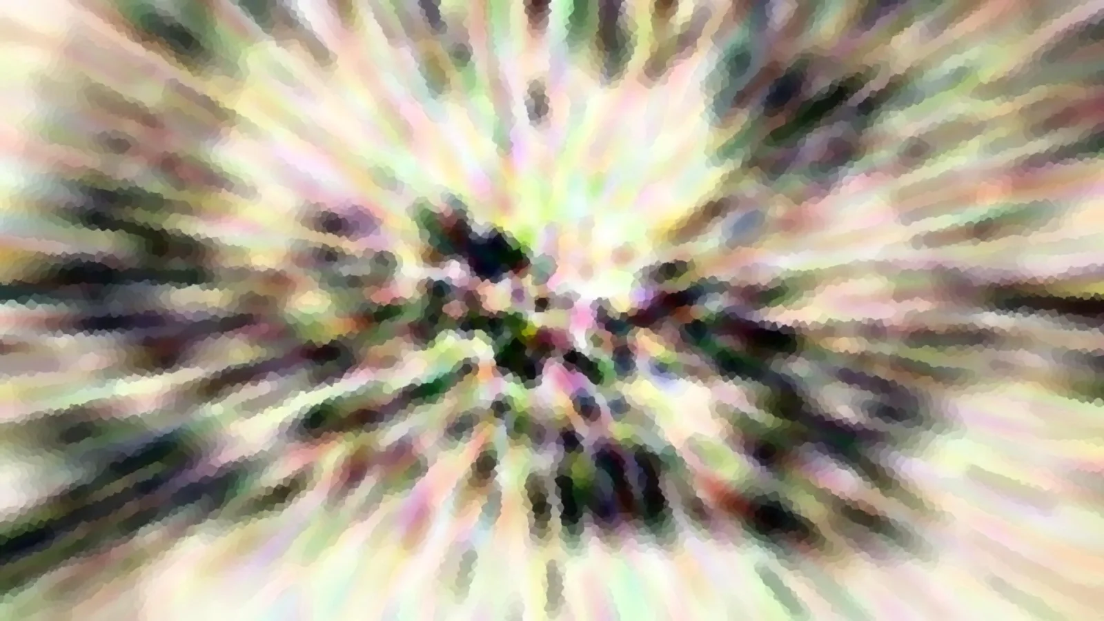 Abstraktes Bild mit pastellfarbenen Streifen, die von einem dunklen Zentrum radial nach außen laufen, mosaikartig körnig.